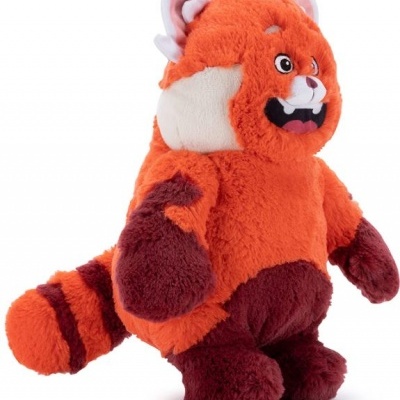 Pelúcia de guaxinim vermelho e laranja com cauda riscada