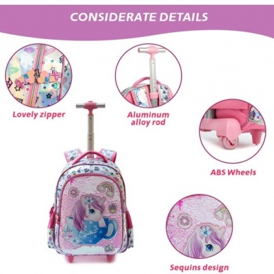 Mochila de carrinho infantil rosa com desenho de unicórnio e detalhes em lantejoulas