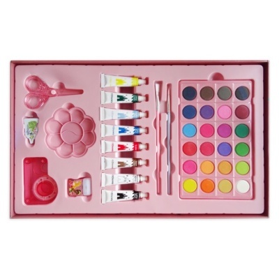 Conjunto infantil de pintura com tintas variadas, pincel, paleta, tesoura, carimbo e cola numa caixa rosa