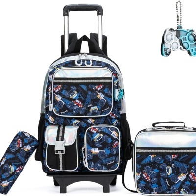Conjunto escolar com mochila de rodas, estojo e saco térmico azul escuro com padrão de robots