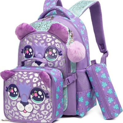 Mochila infantil lilás com rosto de gato e estojo com padrão de folhas