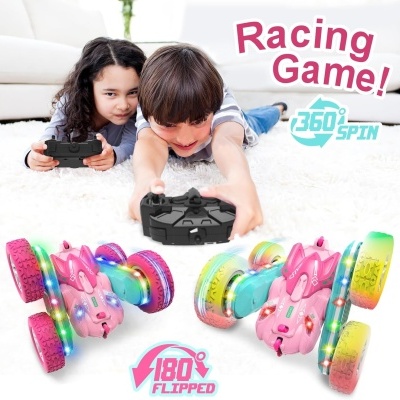 Carro de brinquedo rosa colorido com controlo remoto e luzes LED