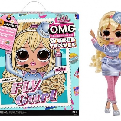 Caixa e boneca LOL SURPRISE OMG World Travel Fly Gurl com roupas prateadas e meias cor-de-rosa