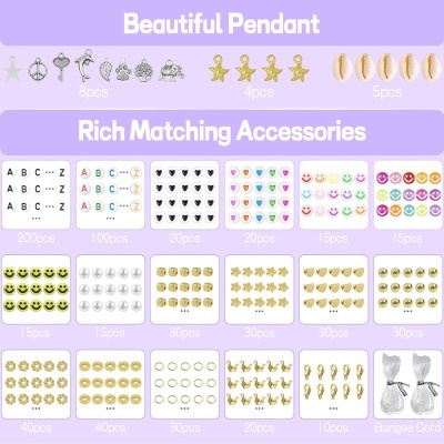 Coleção de acessórios para bijuteria com pendentes, contas e autocolantes coloridos sobre fundo lilás.