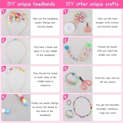 Instruções DIY para criar diadema com contas coloridas e acessórios com linha elástica e contas coloridas.