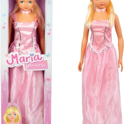 Boneca Maria Princess de vestido rosa e coroa em embalagem colorida com texto