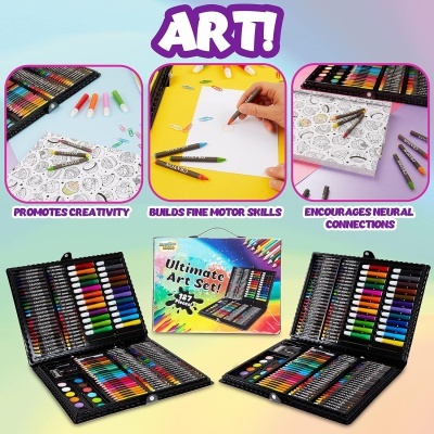 Estojo completo de arte Ultimate Art Set com várias cores e ferramentas em caixa preta aberta