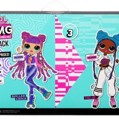 Caixa de brinquedos LOL Surprise OMG 2 PACK com duas bonecas, cores azul, roxo, branco e rosa