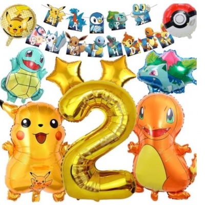 Balões metálicos coloridos de personagens Pokémon e número 2