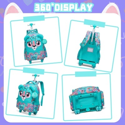 mochila infantil turquesa com design de gato e rodas