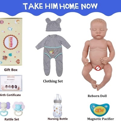 Conjunto para bebé reborn com boneca, roupa cinzenta, chupeta magnética e acessórios