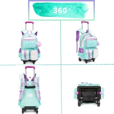 Mochila infantil azul claro e cor-de-rosa com rodinhas e padrão abstrato vista em quatro ângulos