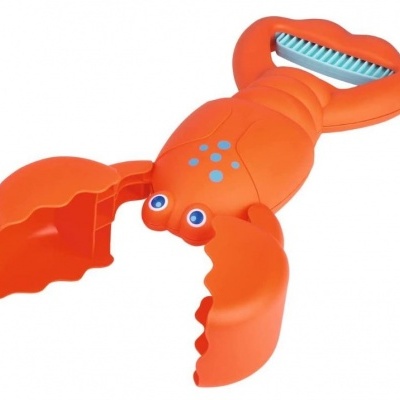 Brinquedo lagosta laranja de plástico com olhos azuis e pega