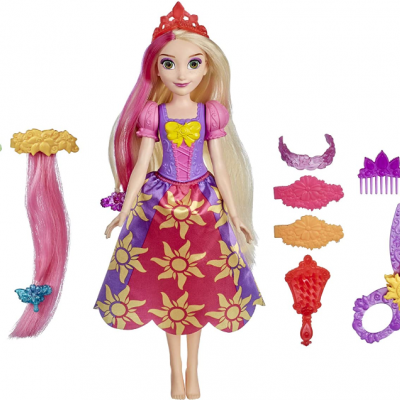 Boneca princesa com vestido colorido, acessórios e extensões de cabelo