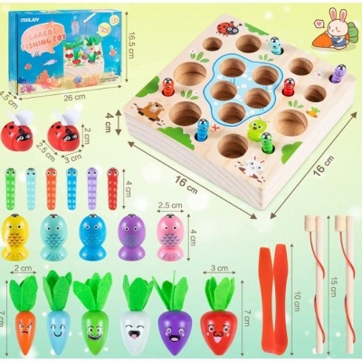 Brinquedo infantil de pesca magnética com peças coloridas de madeira e caixa