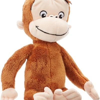 Peluche macaco castanho com cara e mãos bege e olhos bordados