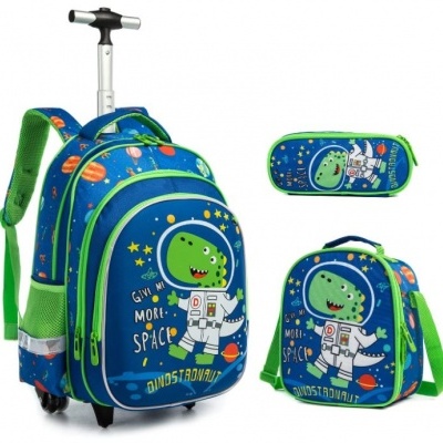 Conjunto escolar infantil com tema dinossauro astronauta azul e verde