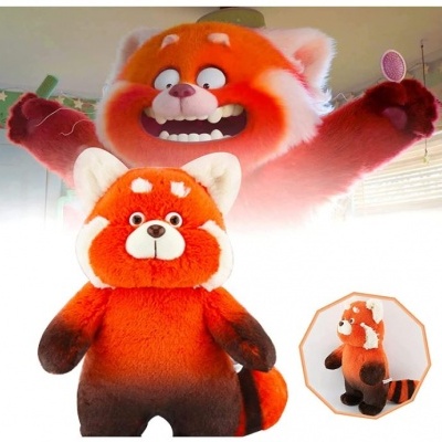 Pelúcia de panda vermelho laranja castanho com expressão fofa