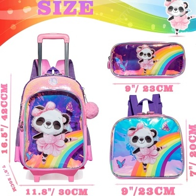 Conjunto mochila com carrinho, estojo e saco com panda bailarino colorido.