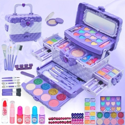 Estojo de maquilhagem infantil roxo com sombras coloridas, pincéis, vernizes e adesivos