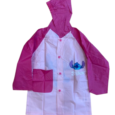 Impermeável infantil branco e cor-de-rosa com capuz e imagem do Stitch