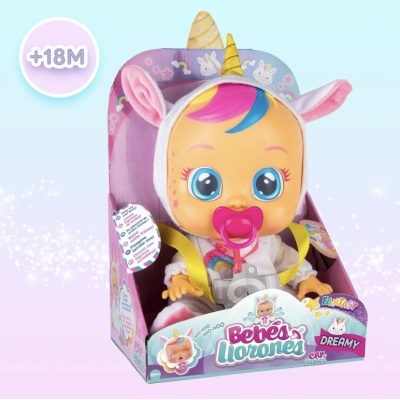 Boneca Bebés Llorones DREAMY com fato de unicórnio em embalagem lilás e azul