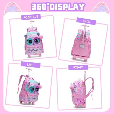 Mochila com carrinho rosa com desenho de animal e alças, vista de vários ângulos