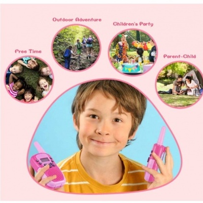 Criança segurando walkie talkies rosa em fundo azul cercada por fotos temáticas em fundo rosa com texto