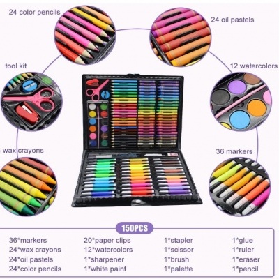 Estojo artístico com 150 peças e organizador preto aberto mostrando várias ferramentas de desenho e pintura.