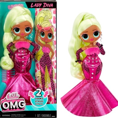 Boneca LOL OMG Lady Diva em vestido rosa metálico com padrão de oncinha