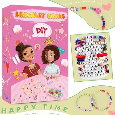 Caixa de kit DIY Bracelet Beads com imagens de pulseiras feitas e duas raparigas ilustradas