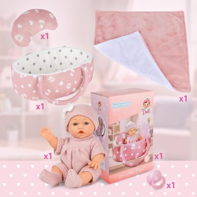 Conjunto para criança com boneca, almofada, tapete, cadeira e chupeta cor-de-rosa