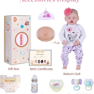 Conjunto de acessórios para boneca Reborn com boneca, certificado, chapéu, fralda, biberão, chucha e chocalhos