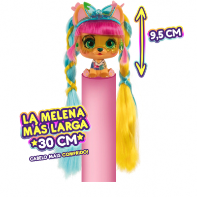 Boneca com cabelo comprido colorido e texto em espanhol e português sobre comprimento do cabelo