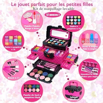 Kit de maquilhagem lavável com várias cores e acessórios numa caixa preta texturizada com espelho