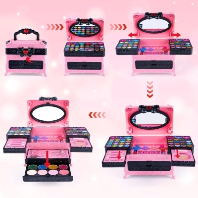Conjunto de maquilhagem infantil rosa com espelho e várias sombras coloridas