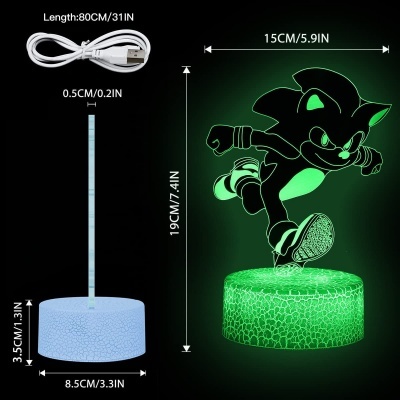 Lâmpada LED 3D com figura estilo videojogo iluminada a verde e base azul texturizada