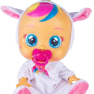 Boneca de unicórnio para crianças, com cabeça grande e traje branco e rosa.