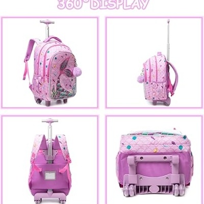 mochila escolar cor-de-rosa com rodinhas e alça extensível com padrão multicolorido e pompom