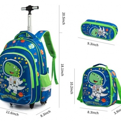 Conjunto mochila com rodas, mochila pequena e estojo azul com dinossauro astronauta