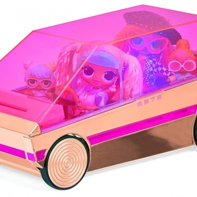 Veículo de brinquedo futurista rosa dourado com bonecas dentro