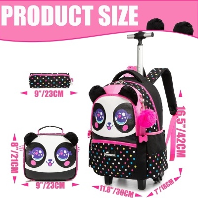 Mochila com rodas, estojo e lancheira com design de panda e bolinhas coloridas