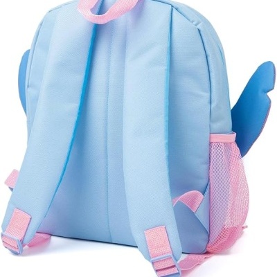 Mochila infantil azul clara com detalhes rosa e asa azul