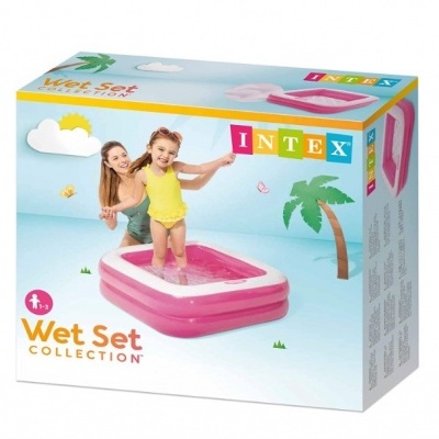 Caixa de piscina insuflável rosa da coleção Wet Set Intex com criança e mulher brincando