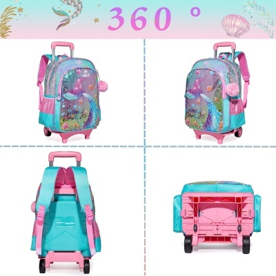 Mochila carrinho azul e rosa com decoração de sereia e conchas vista de vários ângulos