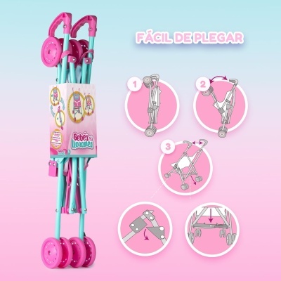 Carrinho de boneca cor-de-rosa e azul com texto Bebés e Lounesy e instruções para dobrar