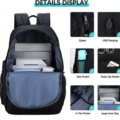 Mochila preta com múltiplos compartimentos e assistência USB