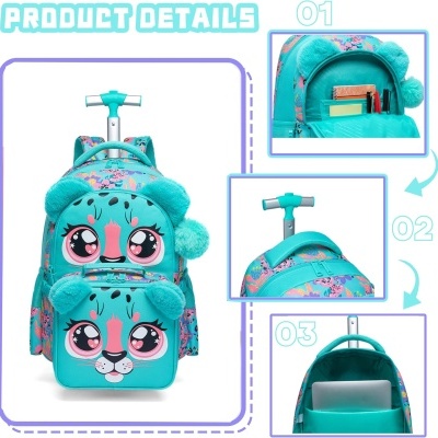 Mochila infantil azul-turquesa com rosto de gato e rodinhas