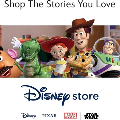 Personagens de Toy Story e logos da Disney Store