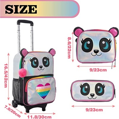 Conjunto holográfico com rosto de urso e orelhas cor-de-rosa, mochila, mala de rodinhas e estojo, com medidas.